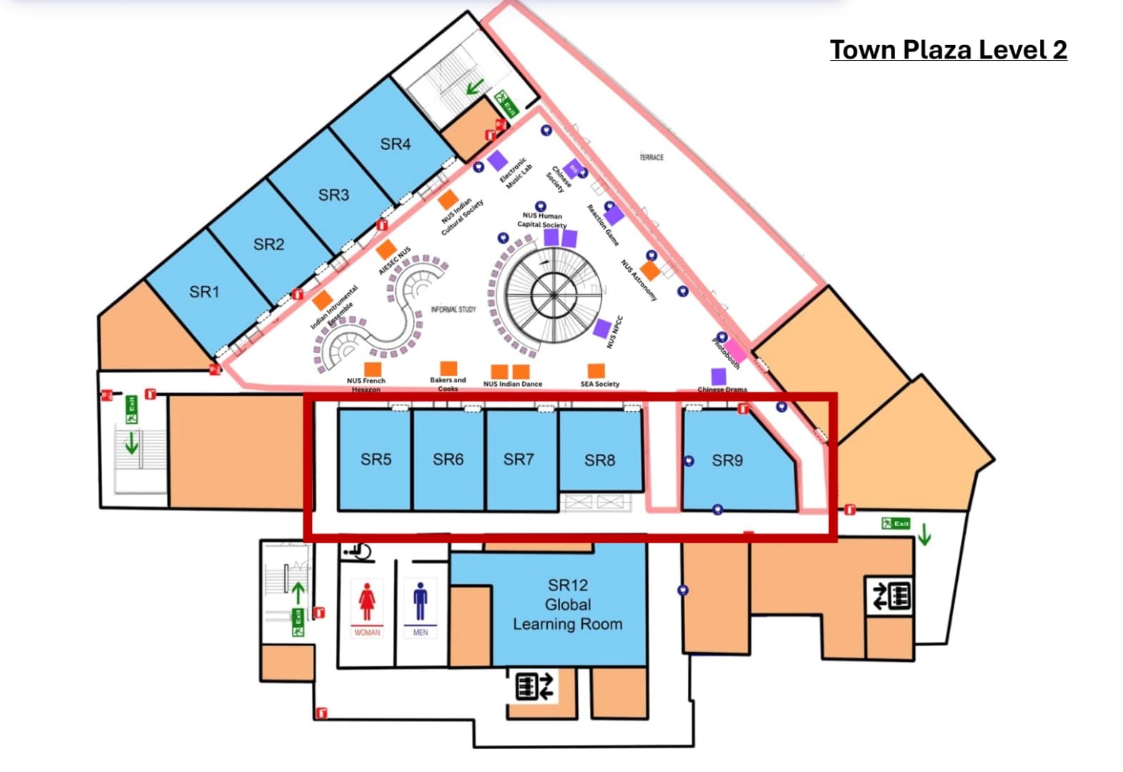 Floor plan of UTown Town Plaza Level 2, with Seminar Rooms 5 to 9 outlined in red